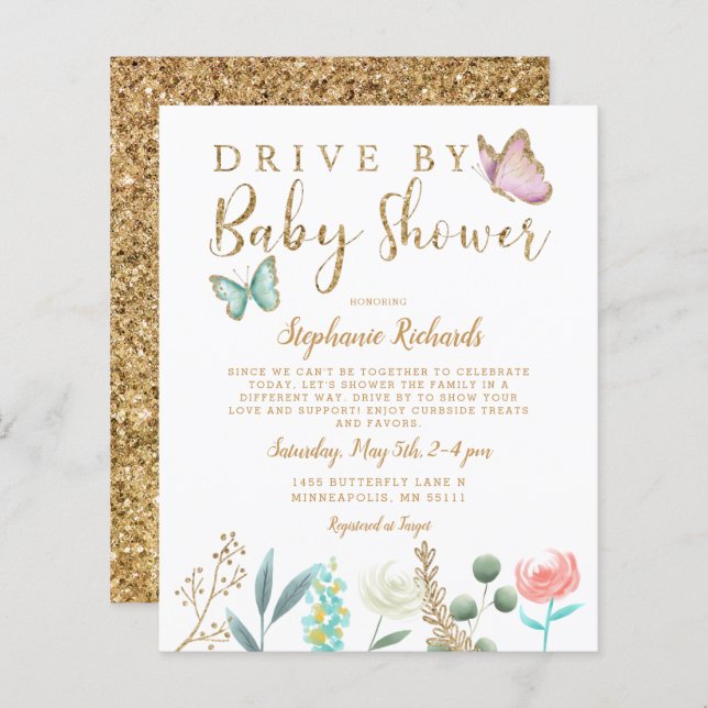 Budget Butterfly Drive By Baby Shower Invititation (Front/Back)