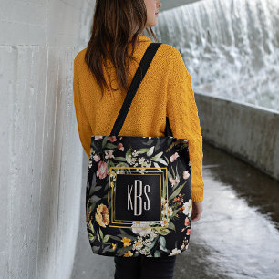 Budget Buy Monogram 1600s Dutch Art Florals Black Tote Bag