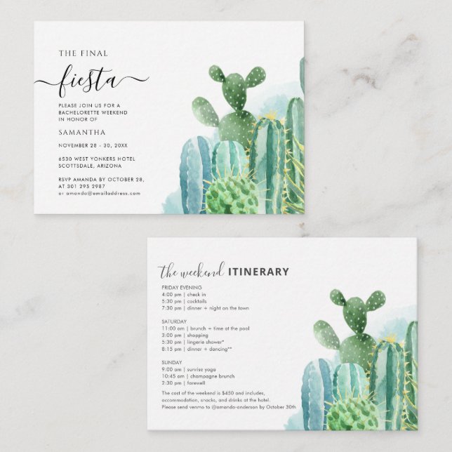 Budget Cacti Bachelorette Weekend with Itinerary Card (Front/Back)
