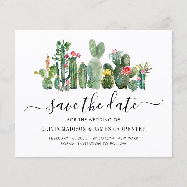 Budget Cactus Cacti Succulent Floral Save the Date (Front)