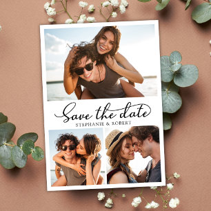 Budget Calligraphy 3 Photo Collage Save The Date Announcement Postcard