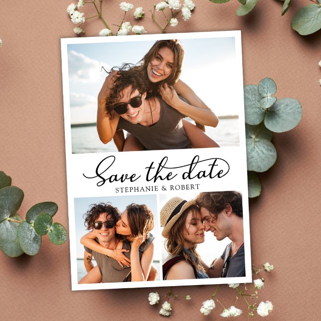 Budget Calligraphy 3 Photo Collage Save The Date Announcement Postcard (Creator Uploaded)