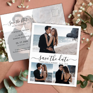 Budget Calligraphy 3 Photo Collage Save The Date Announcement Postcard