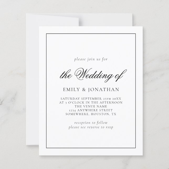 Budget Calligraphy Black White Wedding invite (Front)