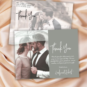 Budget Calligraphy Green Photo Wedding Thank You Postcard