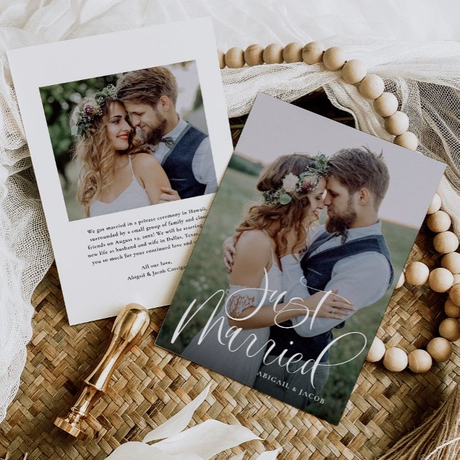 Budget Calligraphy Just Married Wedding Photo Announcement (Creator Uploaded)