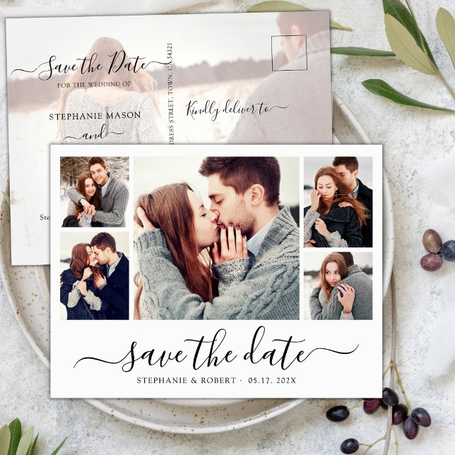 Budget Calligraphy Photo Collage Save The Date Announcement Postcard (Creator Uploaded)