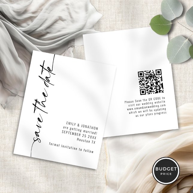 Budget Calligraphy QR Wedding Save the Date (Front and back view)