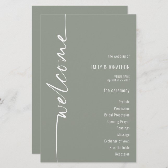 BUDGET Calligraphy Sage Green Wedding Program (Front/Back)