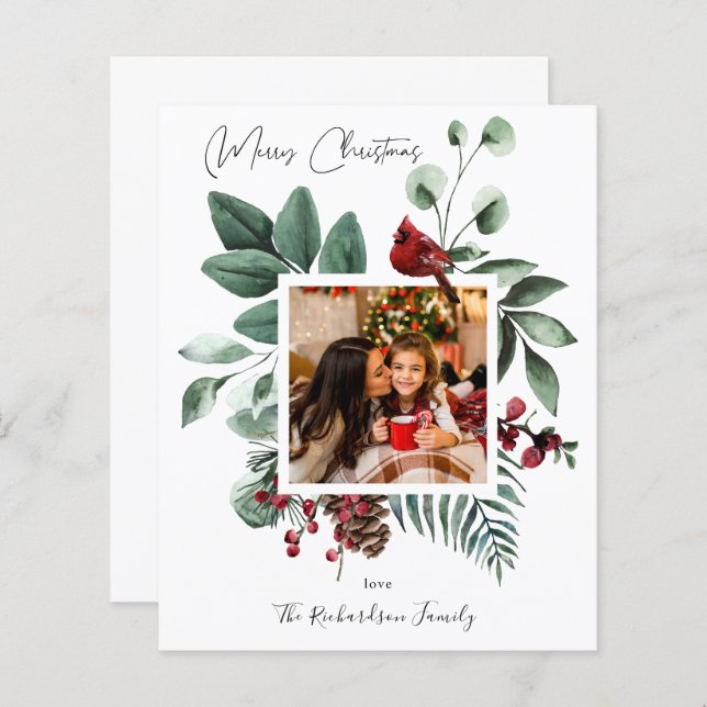 Budget Cardinal Bird & Pine Merry Christmas Photo (Front/Back)