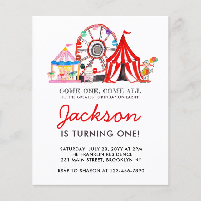 Budget Carnival Circus Party Birthday Invitation (Front)