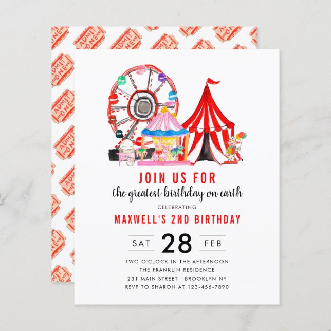 Budget Carnival Circus Show Birthday Invitation (Front/Back)