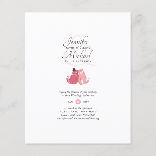 Budget Cat Bride and Groom Coral Wedding Invites (Front)