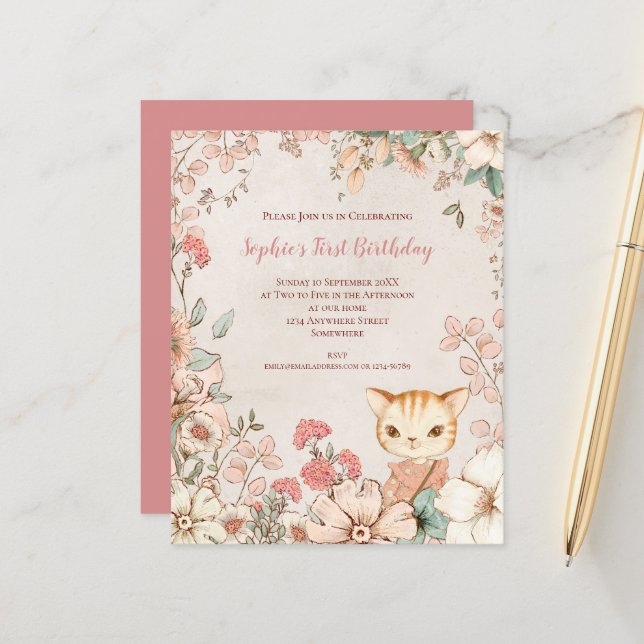 Budget Cat Floral 1st Birthday Girl Invitation (Front/Back In Situ)