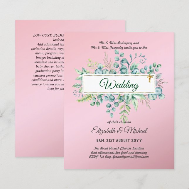 Budget CATHOLIC Christian WEDDING Greenery INVITES (Front/Back)