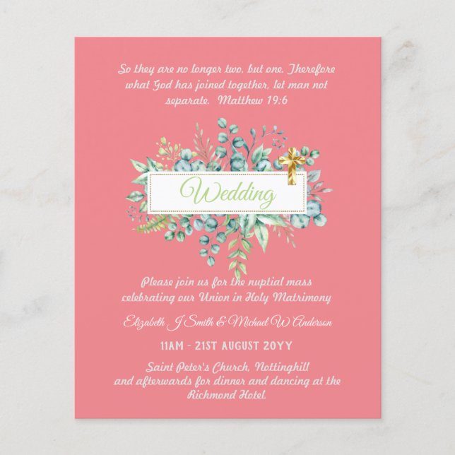 BUDGET Catholic Wedding Invitations Greenery Cross (Front)