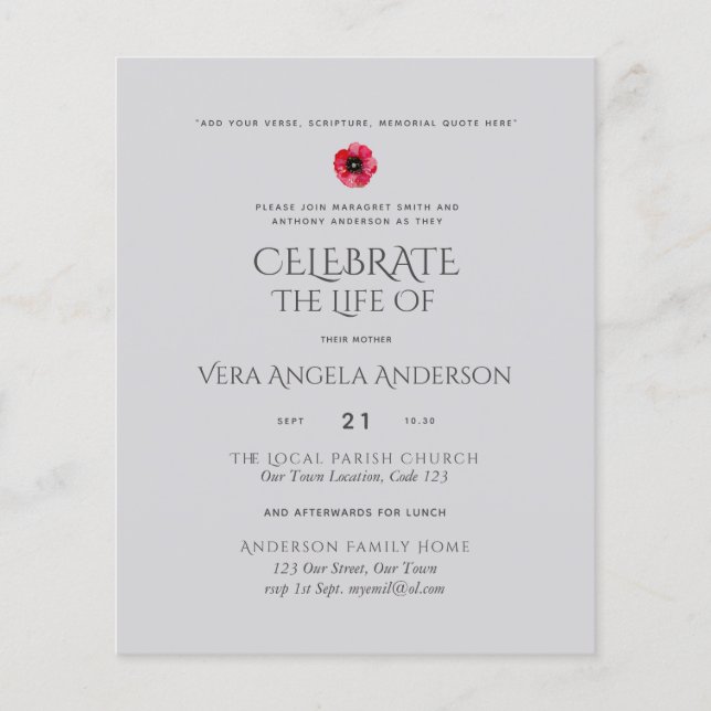 Budget Celebration of Life Memorial Funeral Invite (Front)