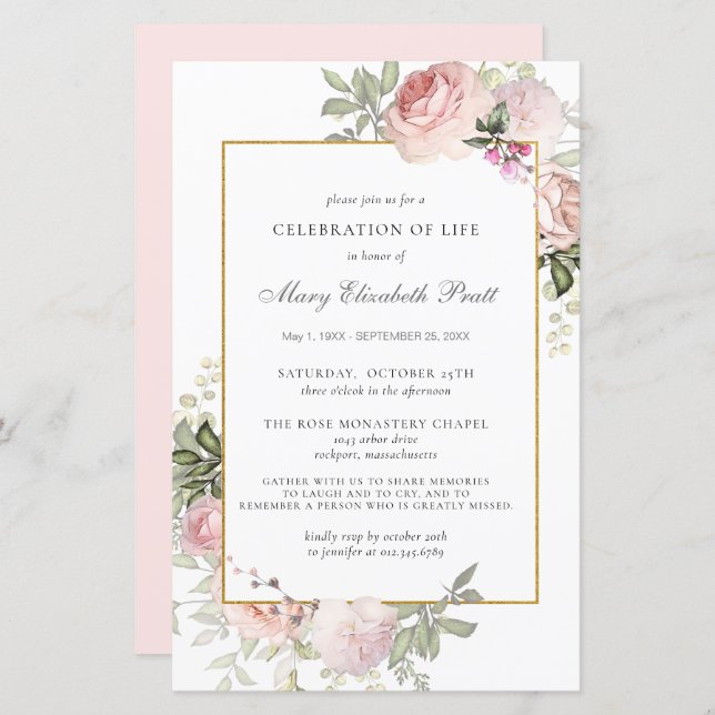 Budget Celebration of Life Pink Floral Invitation (Front/Back)