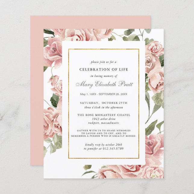 Budget Celebration of Life Pink Floral Invitation (Front/Back)