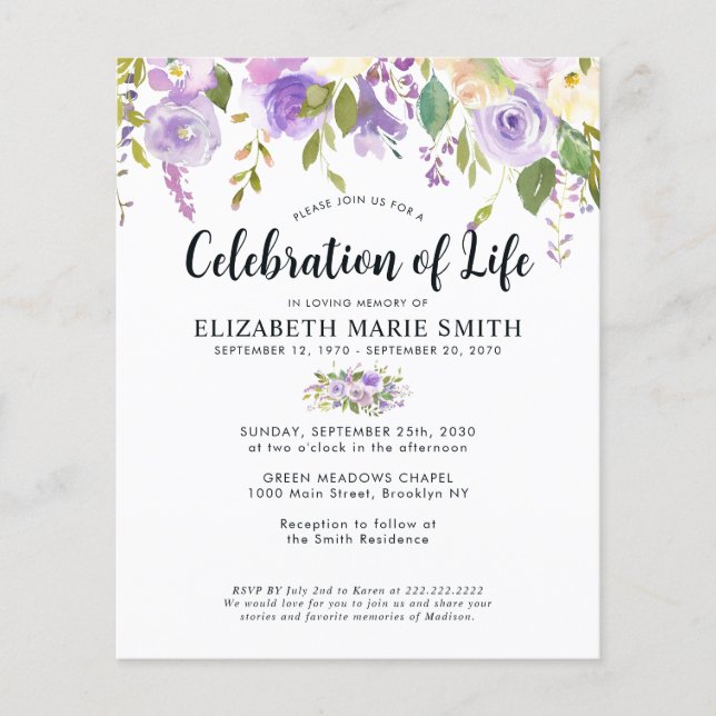 Budget Celebration of Life Purple Floral Funeral  Flyer (Front)