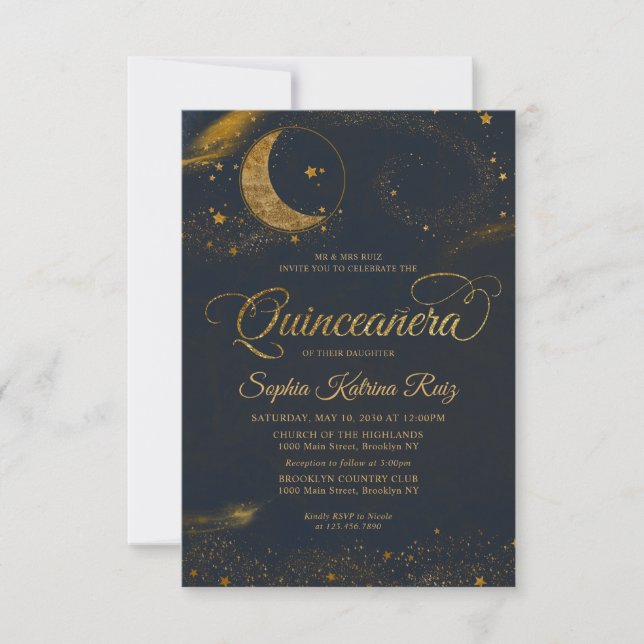 Budget Celestial Blue Gold Star Moon Quinceanera Card (Front)