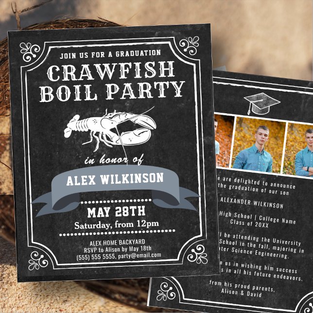 BUDGET Chalkboard 3 Photo GRAD Crawfish Invitation (Creator Uploaded)