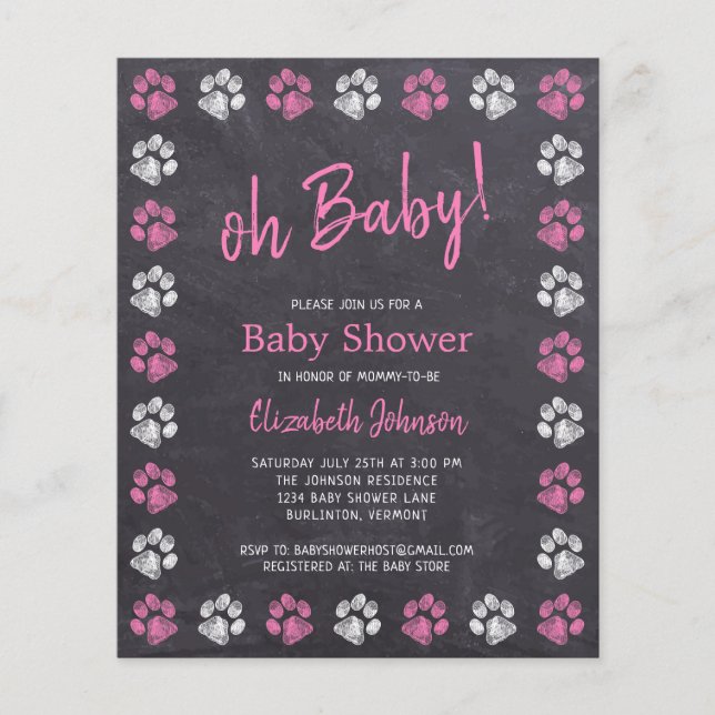 Budget Chalkboard Pink Girl Paw Prints Baby Shower (Front)