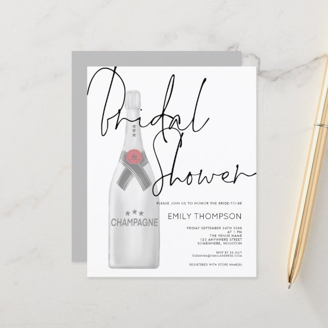 Budget Champagne Bottle Bridal Shower Invitation (Front/Back In Situ)