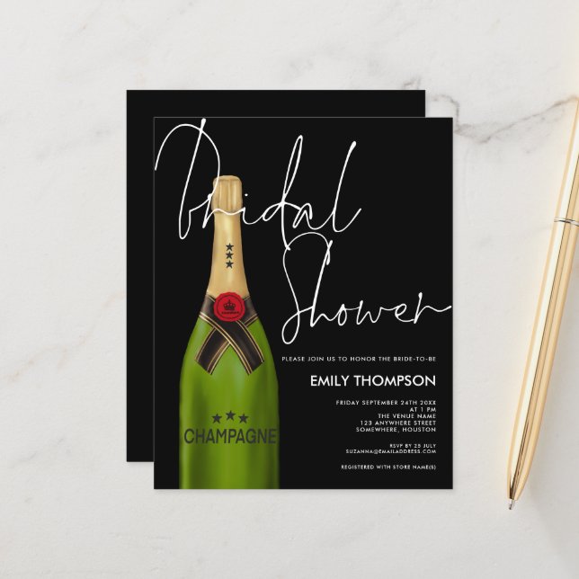 Budget Champagne Bottle Script Black Bridal Shower (Front/Back In Situ)