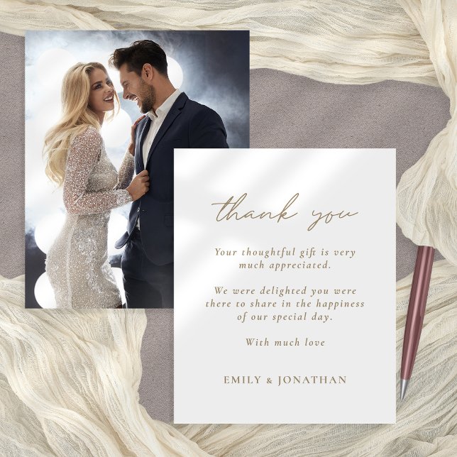 Budget Champagne Gold Text Photo Wedding Thank you (Front and back view, budget price smaller 4.5 x 5.6")
