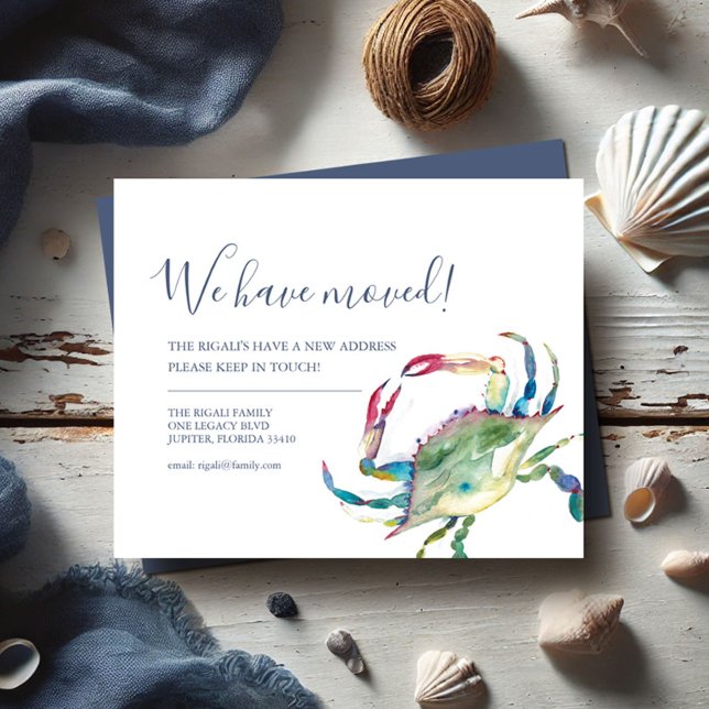 Budget Change of Address Watercolor Crab Flyer (Printed moving announcements watercolor blue crab art by Victoria Grigaliunas of Do Tell A Belle)