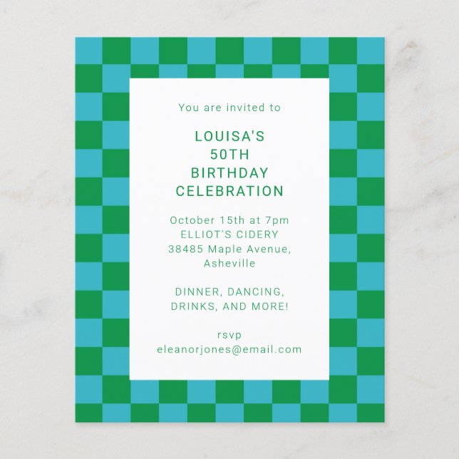 Budget Chequerboard Blue Green Birthday Invitation (Front)