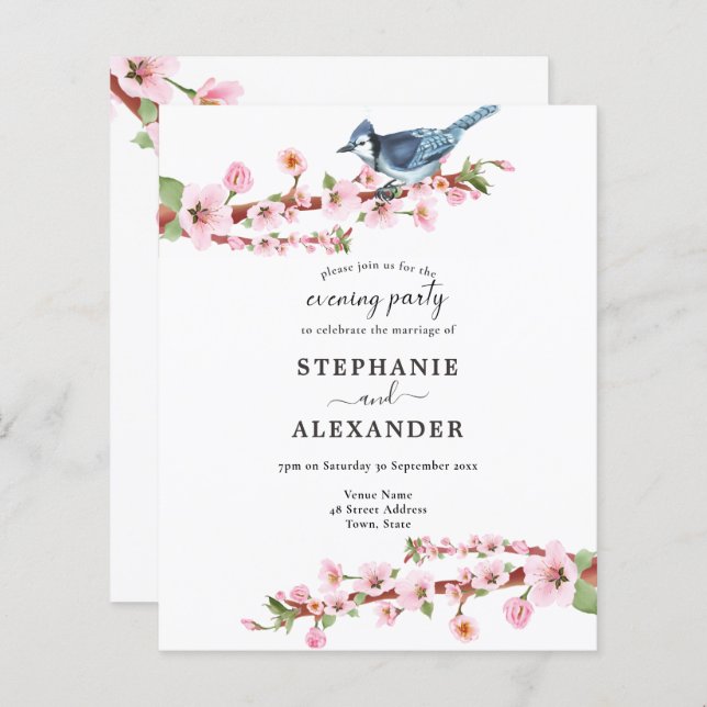 Budget Cherry Blossom Bird QR Evening Party Invite (Front/Back)