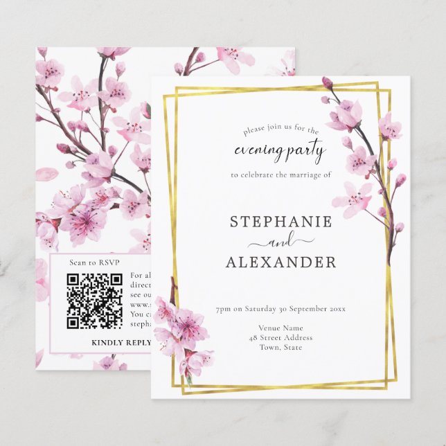 Budget Cherry Blossom QR Code Evening Party Invite (Front/Back)
