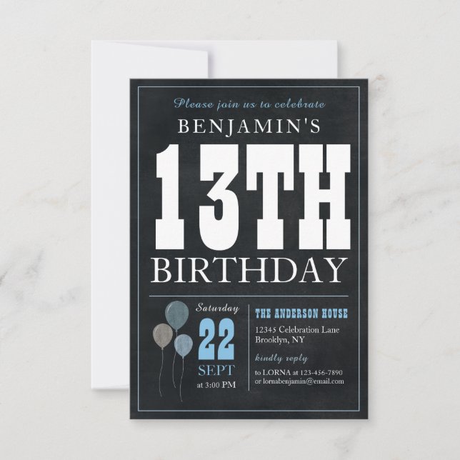 Budget Chic 13th Birthday Chalkboard Blue Balloon Card (Front)