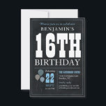 Budget Chic 16th Birthday Chalkboard Blue Balloon Card<br><div class="desc">Rustic Vintage Chalkboard White Blue Balloon 16th Birthday Party Invitation</div>