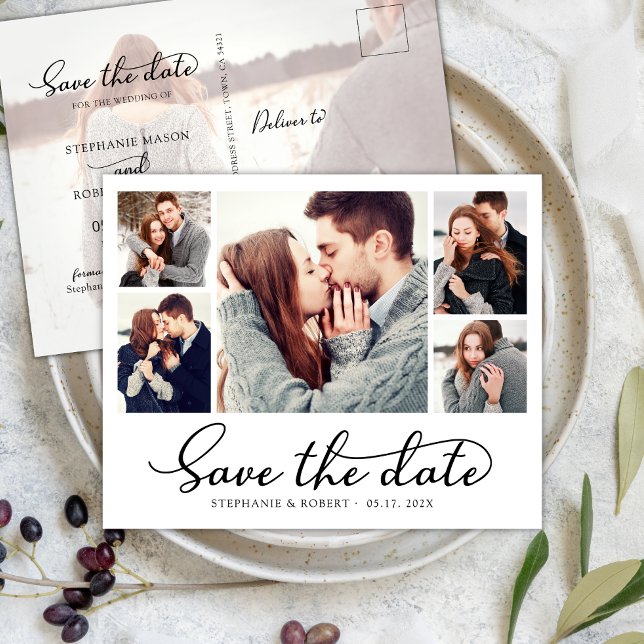 Budget Chic 5 Photo Collage Wedding Save The Date Announcement Postcard (Creator Uploaded)