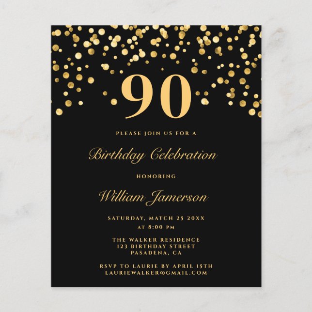 Budget Chic Black Gold 90th Birthday Invitation (Front)