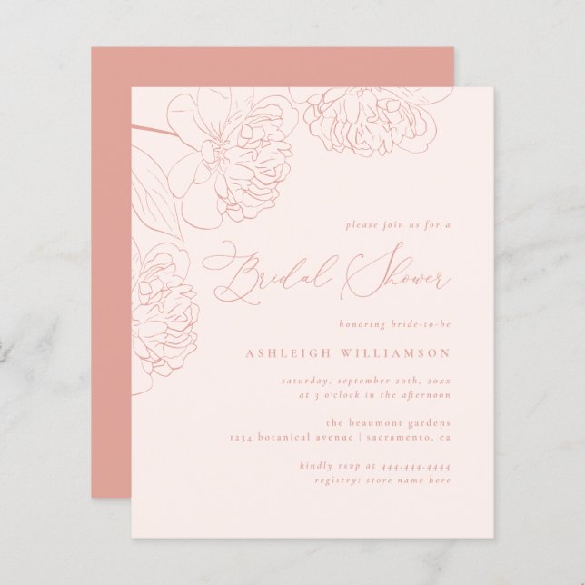 Budget Chic Blush Hand-drawn Peonies Bridal Shower (Front/Back)