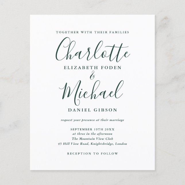 Budget Chic Emerald Script Wedding Invitation (Front)