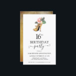 Budget Chic Floral Gold High Heels 16th Birthday<br><div class="desc">Modern Elegant Gold Tropical Floral Gold High Heels Sweet Sixteen 16th Birthday Party Invitation featuring our glamourous glitzy watercolor gold high heel surrounded by pink and green tropical flowers. The background is a luxurious watercolor gold wash. Easy to customise with your information for a simply elegant birthday party invitation. **Our...</div>