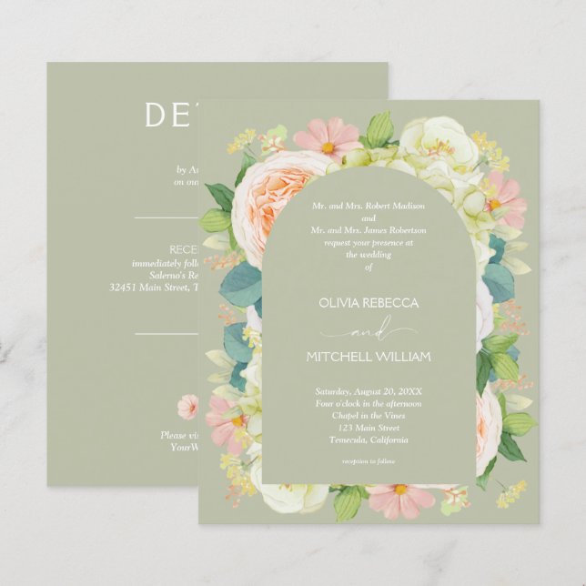 Budget Chic Florals Wedding All in One Invitations (Front/Back)