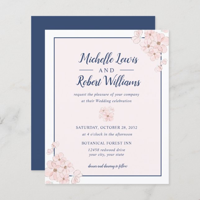 BUDGET Chic Pink Glitter Navy Blue Floral wedding (Front/Back)