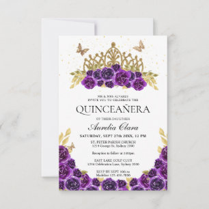 BUDGET Chic Purple Floral Gold Tiara Quinceanera Card