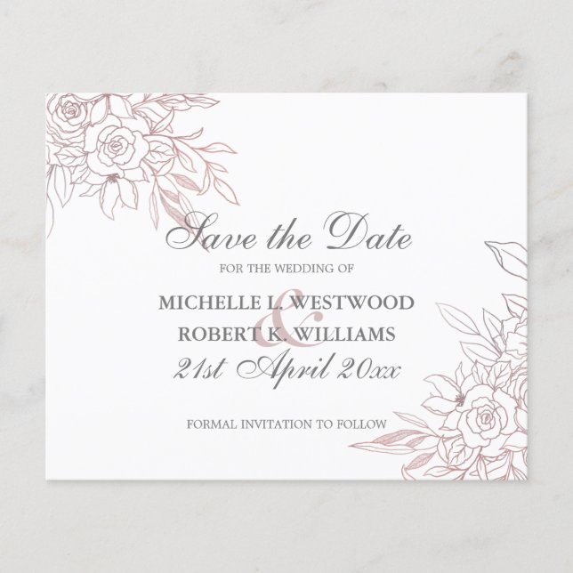 BUDGET Chic Rose Gold Floral Wedding SAVE THE DATE (Front)