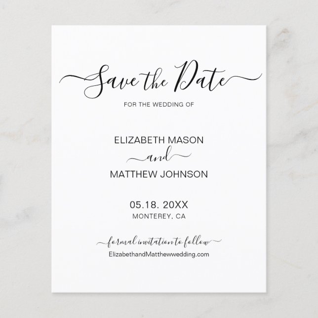 Budget Chic Script Black and White Save The Date Flyer (Front)