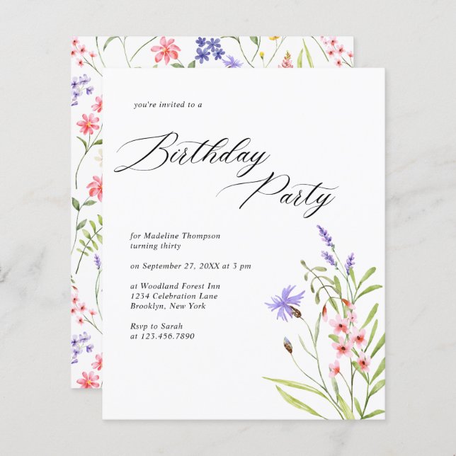 BUDGET Chic Wildflower Watercolor Adult Birthday (Front/Back)
