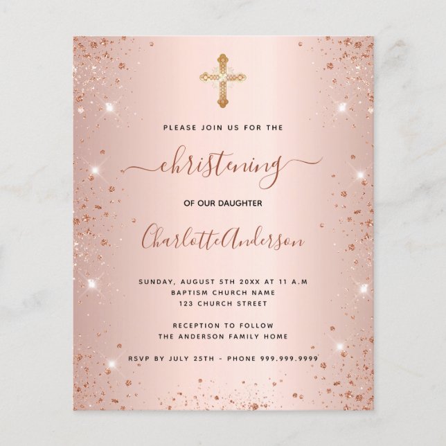 Budget christening blush rose glitter invitation (Front)