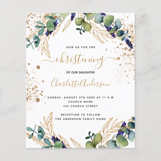 Budget christening eucalyptus greenery invitation (Front)