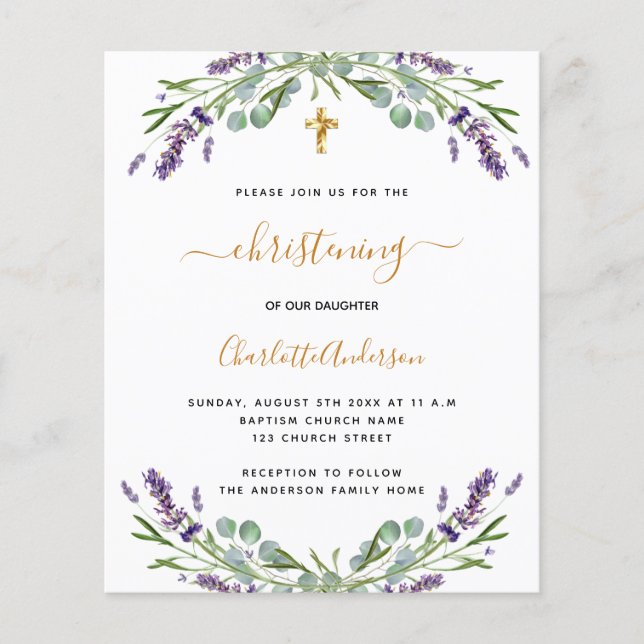 Budget christening lavender eucalyptus invitation (Front)